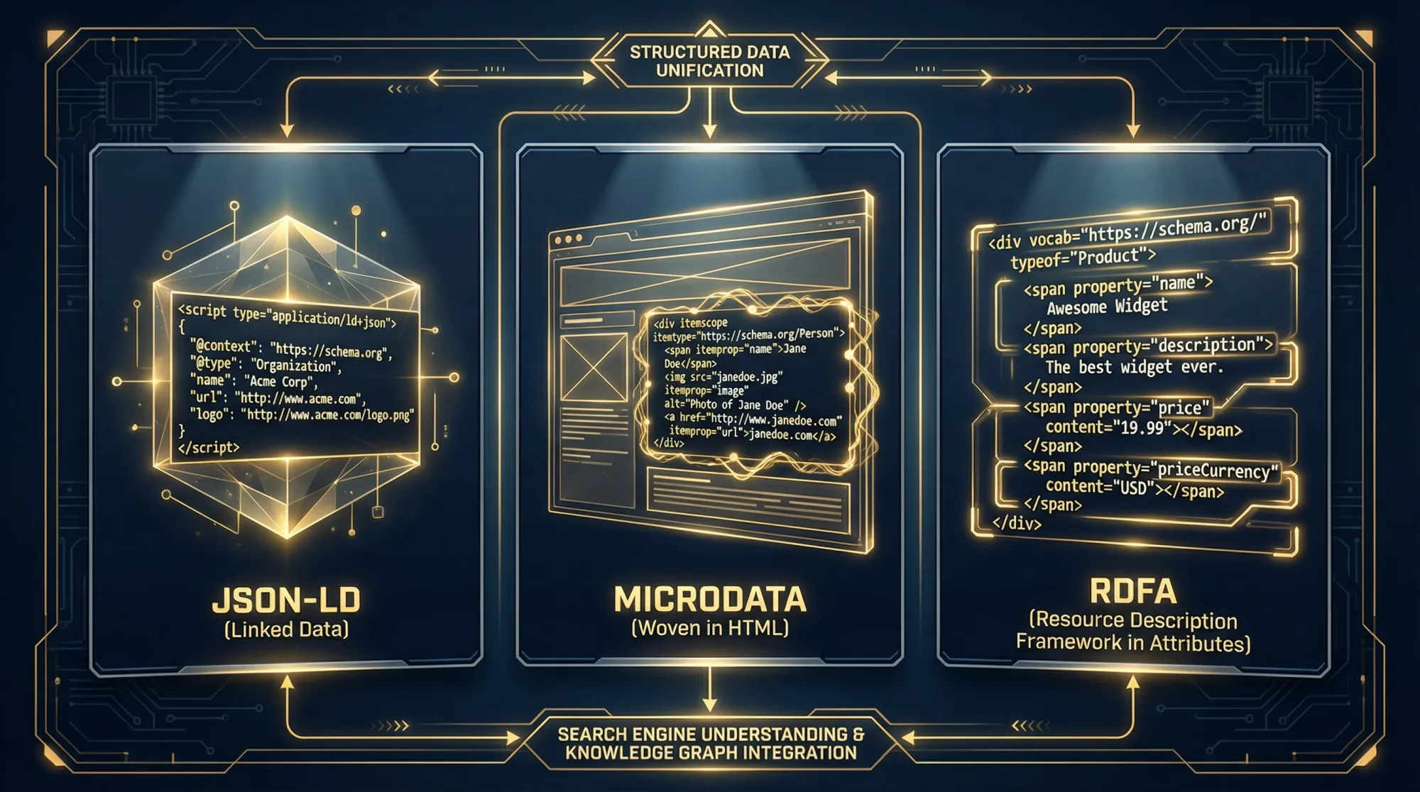 Infographic comparing three structured data formats for SEO: JSON-LD (Linked Data) shown as code in a script tag with Organization schema example, Microdata (Woven in HTML) shown as HTML elements with Person schema attributes, and RDFa (Resource Description Framework in Attributes) shown as div elements with Product schema properties. Header reads 'Structured Data Unification' with footer stating 'Search Engine Understanding & Knowledge Graph Integration'. Gold and navy colour scheme with geometric design elements.