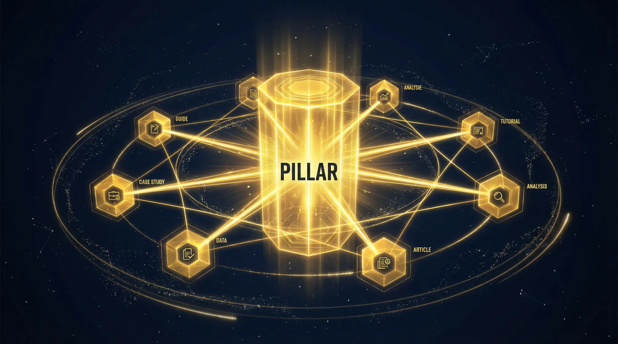 Content hub architecture diagram showing a central pillar page connected to surrounding topic cluster nodes including Guide, Case Study, Data, Tutorial, Analysis, and Article. Nodes are interconnected with each other and the central pillar, illustrating internal linking strategy. Gold and navy colour scheme with glowing orbital design elements.