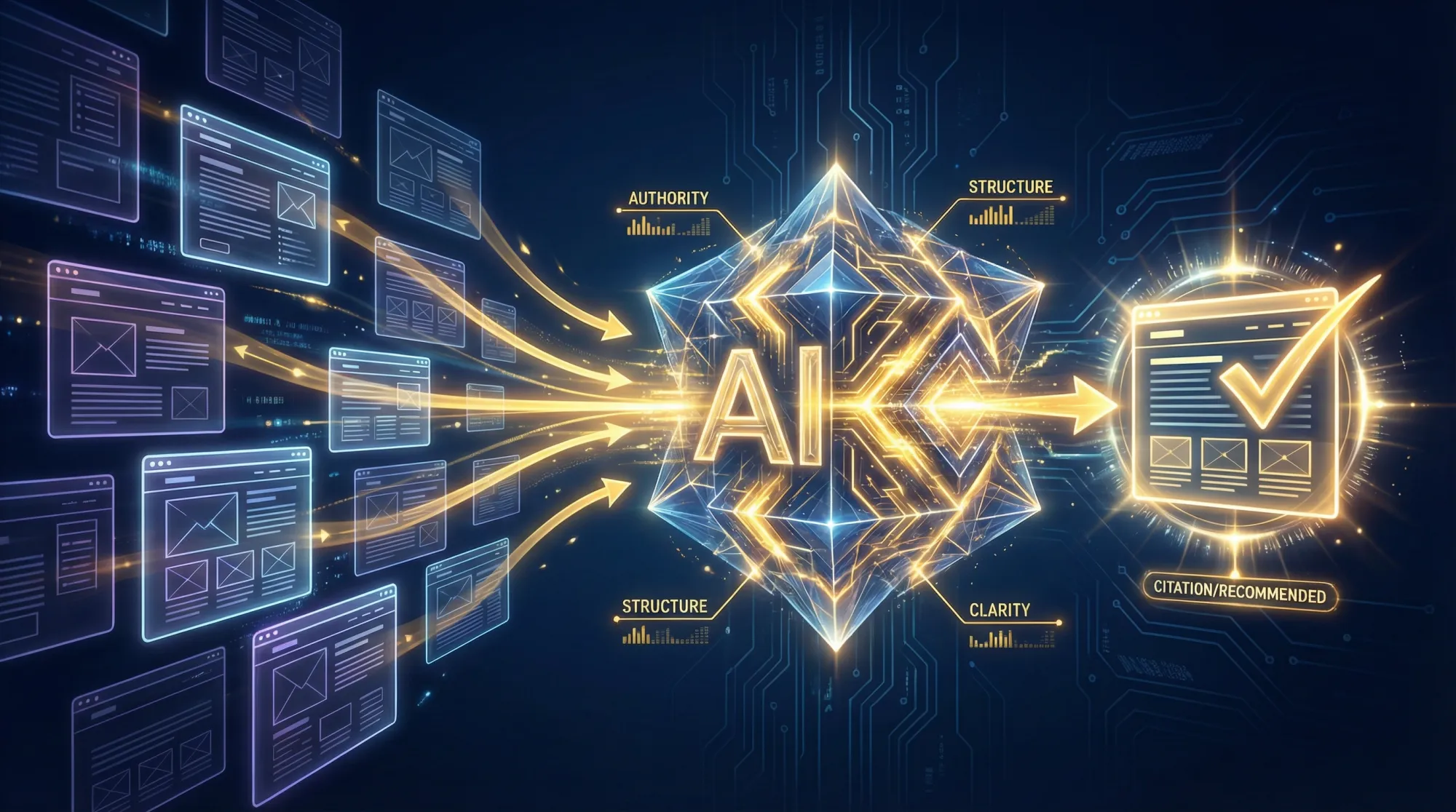 Diagram illustrating how AI systems process web content for citations. Multiple web pages and documents feed into a central AI processing hub, which evaluates content based on Authority, Structure, and Clarity signals. Output arrow leads to Citation/Recommended status shown with a checkmark. Gold and navy colour scheme with glowing design elements.