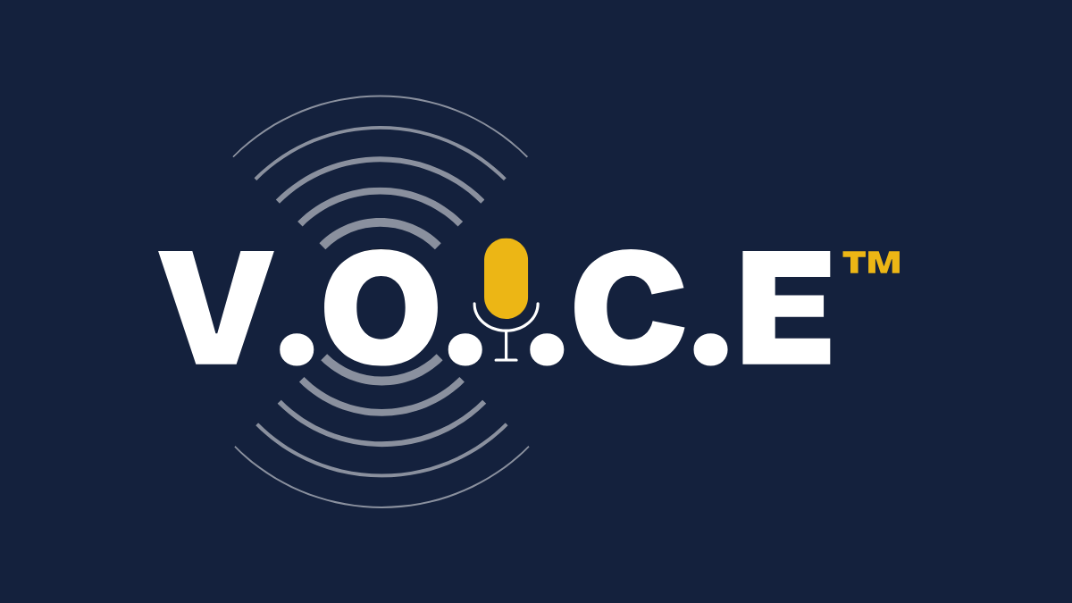 V.O.I.C.E.™ logo featuring a microphone icon with sound waves, representing Visibility Optimisation for Intelligent Conversational Engines