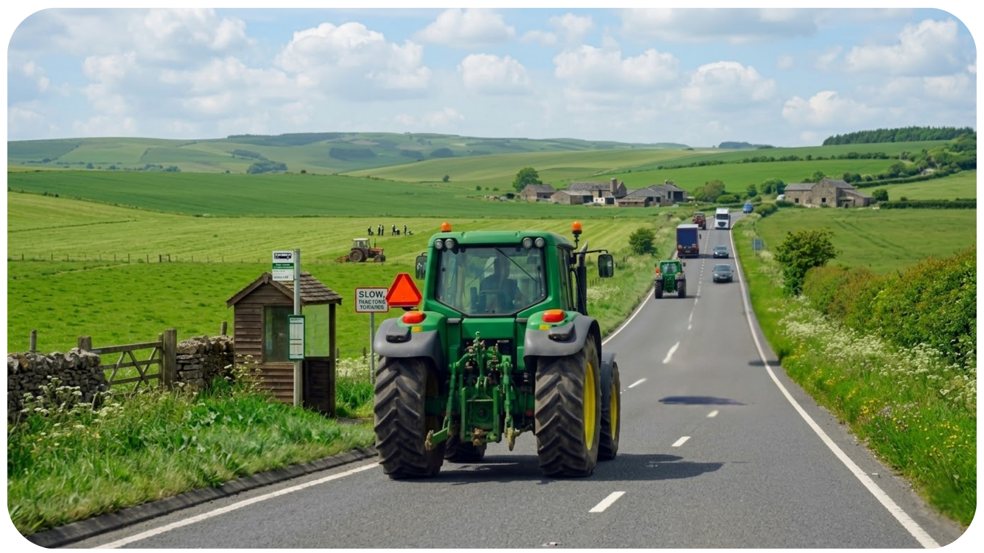 Green tractor driving slowly on a rural Somerset road holding up a queue of traffic on a sunny day, used as an analogy for how a slow-loading website blocks potential customers from reaching a business online