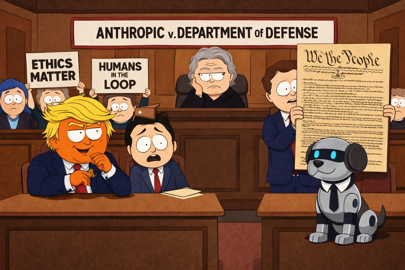 Satirical South Park-style courtroom illustration for the case of Anthropic v. Department of Defense. On the left, a smug Trump-like character sits at the defendant's table picking at his nails while his lawyer looks terrified. On the right, a small calm robot representing Claude sits at the plaintiff's table wearing a tiny tie, with a lawyer behind it holding up the US Constitution. The judge looks completely fed up. In the public gallery, citizens hold protest signs reading "ETHICS MATTER," "HUMANS IN THE LOOP," and one person at the back holds a sign simply reading "WHAT A CHUMP." The image represents the upcoming legal battle that could determine the future of AI ethics and government overreach.
