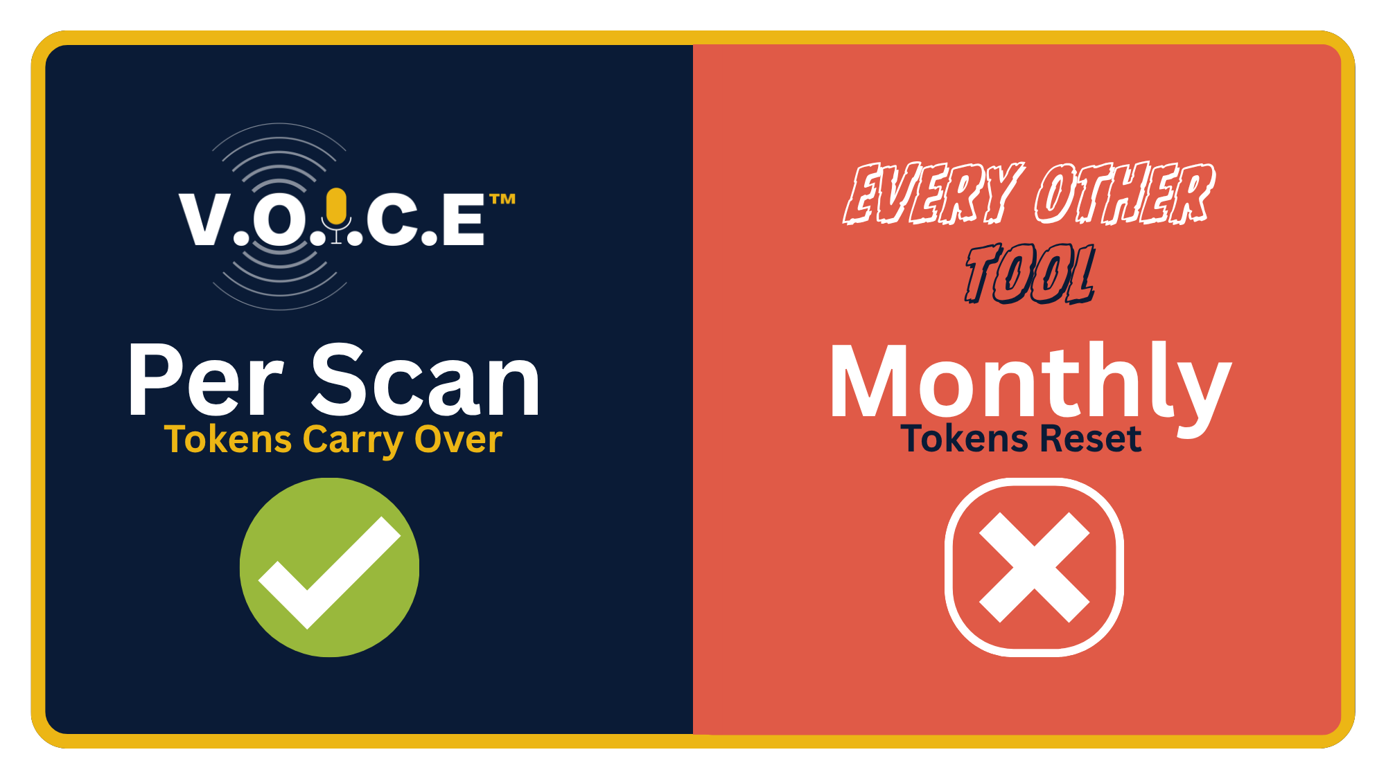 V.O.I.C.E. by ScopeSite per scan credit model compared to competitor monthly subscription pricing showing credits carry over versus tokens that reset each month