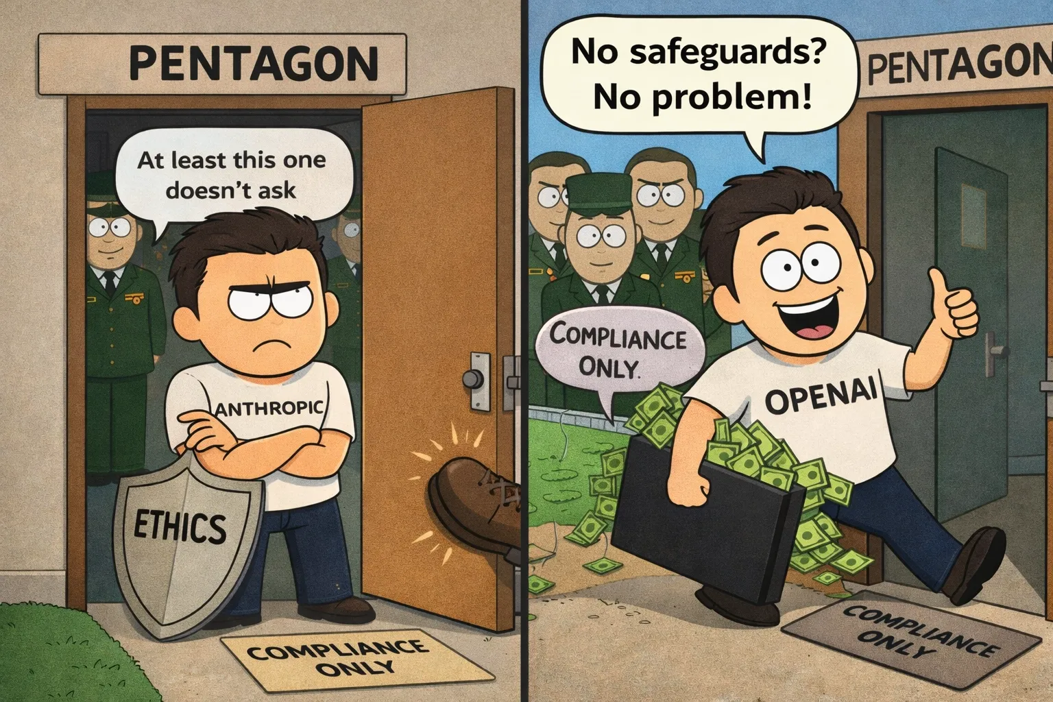 Satirical South Park-style illustration showing two contrasting scenes at the Pentagon. On the left, a dignified character wearing an Anthropic t-shirt stands firm behind a shield labelled "ETHICS" while being kicked out through the Pentagon door by a military boot. On the right, a grinning character in an OpenAI t-shirt slides in through a side entrance carrying a briefcase overflowing with cash, giving a thumbs up with a speech bubble reading "No safeguards? No problem!" A doormat at the Pentagon entrance reads "COMPLIANCE ONLY." The image illustrates how ethical AI companies get punished while opportunistic competitors get rewarded.