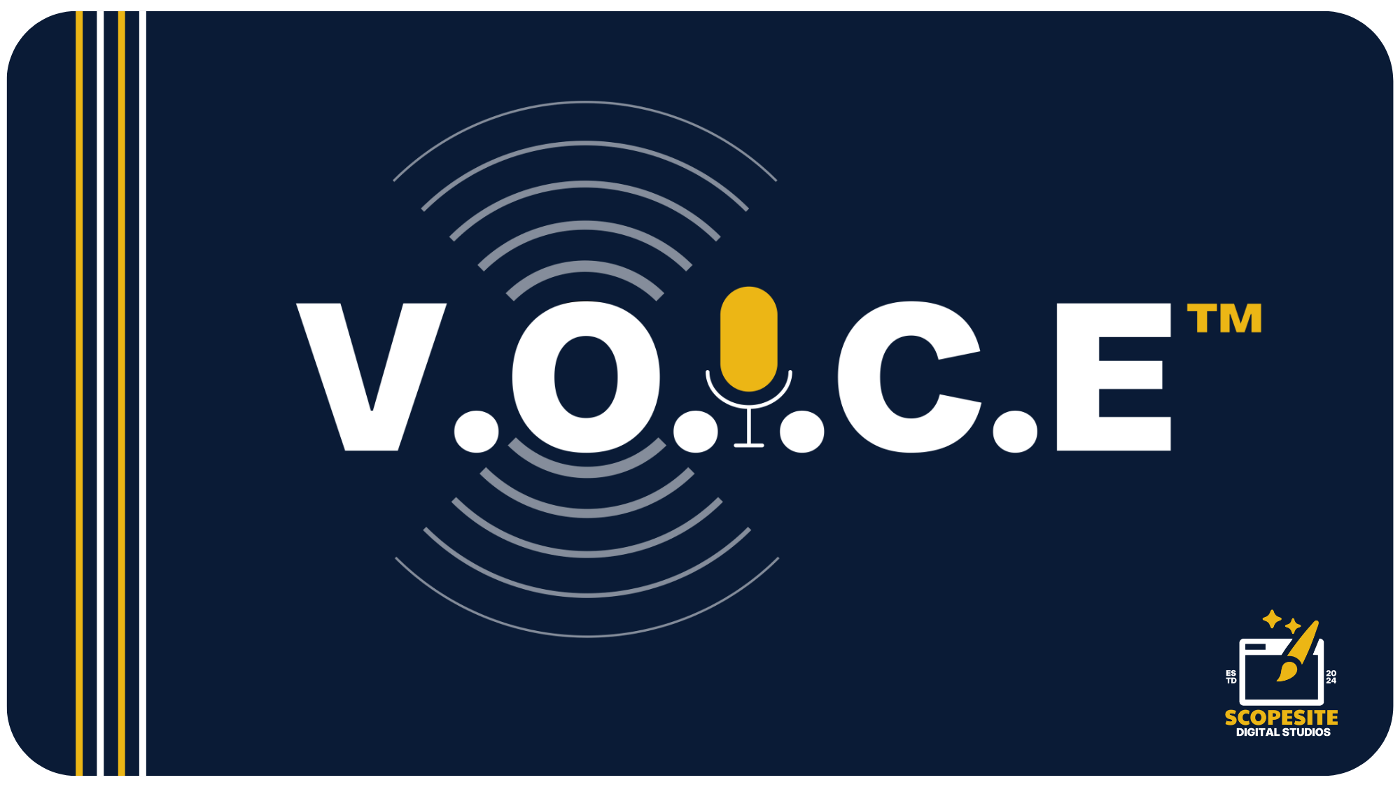 V.O.I.C.E. trademark logo by ScopeSite Digital Studios on a navy background with a gold microphone icon replacing the letter I and grey sound wave rings radiating outward, representing the Voice-Optimised Intelligent Content Engineering methodology for AI search visibility