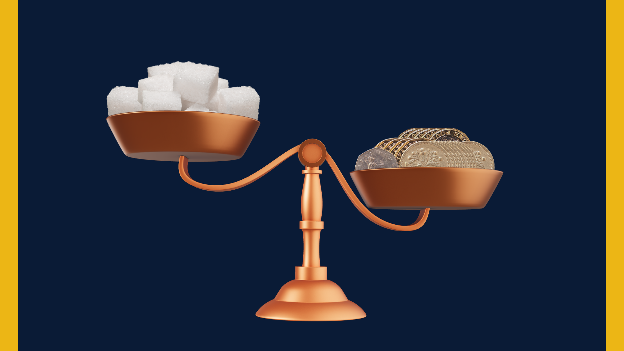 Bronze balance scales on a navy background with gold vertical accent bars, one side holding sugar cubes representing cost and the other holding ornate gold coins representing value, captioned 'The Sweet Spot, Balancing Value and Cost' illustrating the pricing middle ground for web design in Frome
