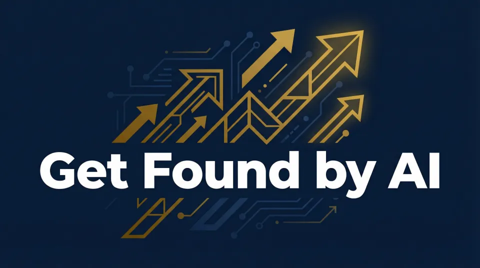 Blue background with gold arrows in a pattern format with the words "Get found by ai"